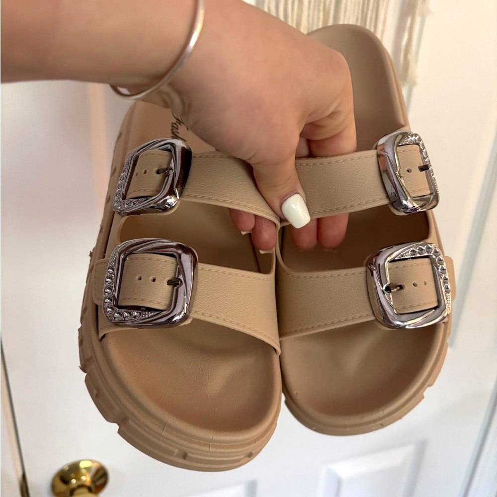 Beige Sandals with Silver Buckles